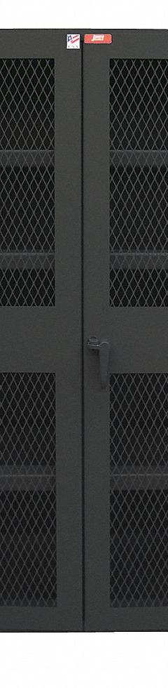 JAMCO Storage Cabinet: 60 in x 24 in x 78 in, 4 Adj Shelves, Swing Handle & Padlock Hasp, Legs (MPN DJ260BL). Key specifications — Brand: JAMCO; Body Panel Type: Ventilated; Base Type: Legs; Cabinet Color: Black; Frame Assembled: Assembled.