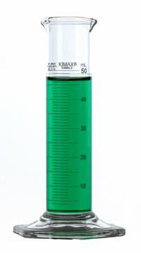 KIMBLE Graduated Cylinder: 50 mL, B, To Deliver (TD), 1 mL Graduation Increments - mL, 4 mL – 50 mL (MPN 20032-50). Key specifications — ASTM Specification: E438-92 (2011); Brand: KIMBLE; USP Specification: Type I; Closure Included: No; Includes: (2) Pour Outs.