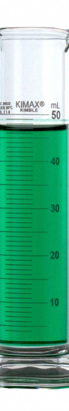 KIMBLE Graduated Cylinder: 50 mL, B, To Deliver (TD), 1 mL Graduation Increments - mL, 4 mL – 50 mL (MPN 20032-50). Key specifications — ASTM Specification: E438-92 (2011); Brand: KIMBLE; USP Specification: Type I; Closure Included: No; Includes: (2) Pour Outs.