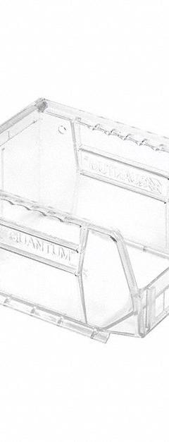 QUANTUM STORAGE SYSTEMS Plastic Bin: 4 1/8 in x 5 3/8 in x 3 in, Clear, Label Holder Included, 250°F (MPN QUS210CC). Key specifications — Brand: QUANTUM STORAGE SYSTEMS; % Recycled Content: 0%.
