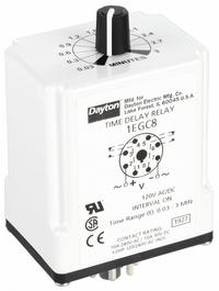 DAYTON Single Function Time Delay Relay: Socket Mounted, 120V AC/DC, 10 A, 8 Pins/Terminals (MPN 1EGC8). Key specifications — Brand: DAYTON.