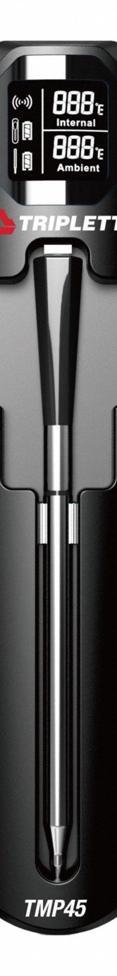 TRIPLETT Bluetooth Hygro-Thermometer: 14°F to 212°F /-10°C to 100°C, +/-1.8°F/+/-1°C, 5 in Probe Lg (MPN TMP45). Key specifications — Accuracy: +/-1°C; Brand: TRIPLETT.