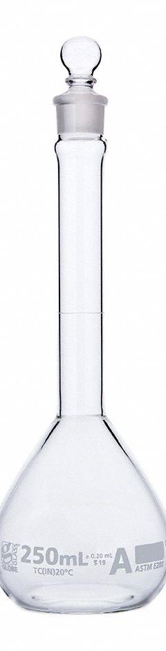 GLOBE SCIENTIFIC Volumetric Flask: 250 mL, Colorless, A, 0.20 mL, Includes Closure (MPN 8230250). Key specifications — Tolerance: 0.20 mL; Body Color: Colorless; Brand: GLOBE SCIENTIFIC; Compatible with Stopper Size: 19; USP Specification: Type I.