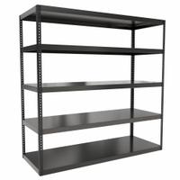 HALLOWELL Boltless Shelving: Standalone, Extra-Heavy-Duty, 96 in x 36 in, 96 in Overall Ht, Steel (MPN HCR963696-5ME). Key specifications — Finish: Powder Coated; Maximum Post Load Capacity: 6,000 lb with Beams Evenly Spaced at 21 in; Decking Material: Steel; Color: Black; Beam Profile: Angle; Brand: HALLOWELL; Side Panel: Open.