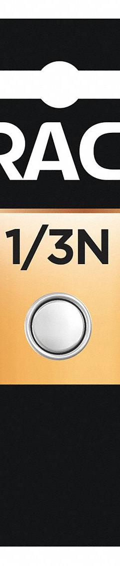 DURACELL Button Cell Battery: 1/3 N Battery Size, Lithium, 190 mAh Capacity, 3V DC, 0.45 in Dia (MPN DL1/3NBPK). Key specifications — Voltage - Batteries: 3V DC; Battery Chemistry: Lithium; Product Type: Button Cell Battery; Battery Size: 1/3 N; Brand: DURACELL; Voltage - Subhead: 3V DC.