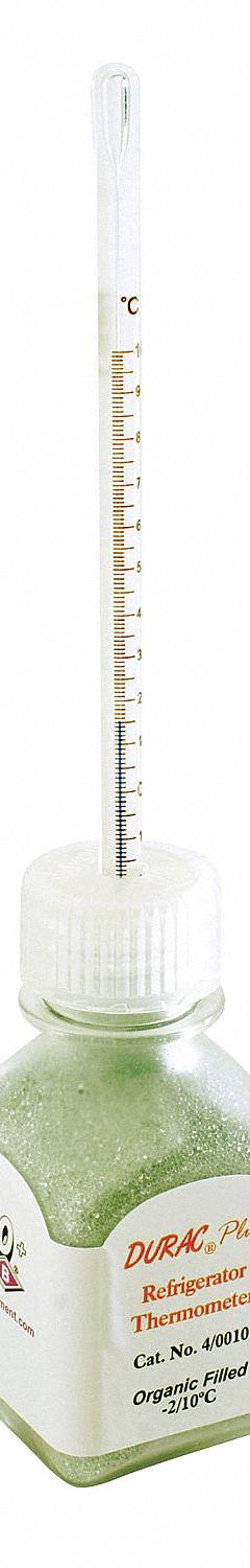 DURAC PLUS Bottle Thermometer: 15°C to 30°C, +/-0.4°C, 60 mL Bottle Volume, Glass Beads (MPN B60600-0200). Key specifications — Bottle Fill Medium: Glass Beads; Temperature Units: Celsius; Accuracy: +/-0.4°C; Brand: DURAC PLUS.