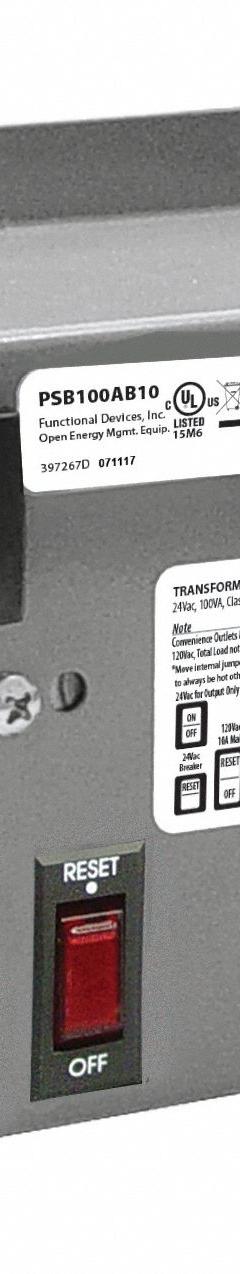 FUNCTIONAL DEVICES INC / RIB Class 2 Power Supply: 100 VA Power Rating, 120V AC, 24V AC, Panel (MPN PSB100AB10). Key specifications — Brand: FUNCTIONAL DEVICES INC / RIB; Input Voltage: 120V AC; Includes On/Off Switch: Individual Output On/Off Switch; Mounting: Panel; Output Voltage: 24V AC; Wire Connection Type: Screw Terminals.
