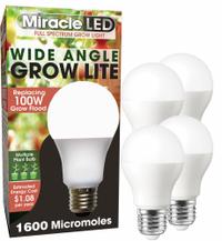 LED Grow Bulb: LED, A19, 120V, Full/Broad, 100 W Incandescent Watt Equivalency (MPN 602158). Key specifications — Plant Growth Application: Budding; Brand: MIRACLE LED; Bulb Shape: A19; Spectrum: Full/Broad.