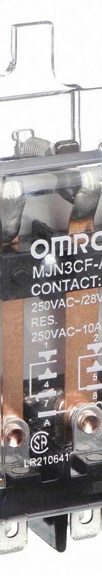 OMRON Flange Mount Relay: Surface (Side Flange) Mounted, 30 A Current Rating, 240V AC, 3PDT (MPN MJN3CF-AC240). Key specifications — Brand: OMRON; Base Type: Octal; Mounting Style: Side Flange; Electrical Connection: Quick-Connect Terminal; Manufacturer Part Number: MJN3CF-AC240; Operating Current: 10 A at 240V AC (Inductive Load); Series: MJN Series.