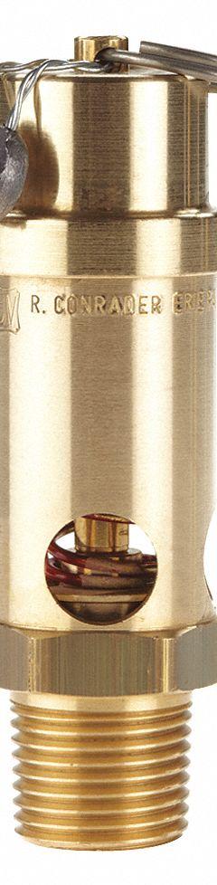 CONRADER Safety Valve: Soft Seat, 1/2 in (M)NPT Inlet (In.), 250 psi Preset Setting (PSI), Brass (MPN SRV530-1/2-250). Key specifications — attr291993: Soft Seat; attr291998: Brass; attr292007: Silicone; attr292009: Brass; attr294753: CONRADER.