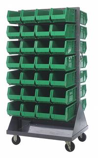 QUANTUM STORAGE SYSTEMS Mobile Louvered Floor Rack: 36 in x 24 in x 72 in, 56 Bins Included, Green (MPN QMD-36H-240GN). Key specifications — Bin Width: 8-1/4 in; Color: Gray; Caster Wheel/Configuration: (2) Swivel; Caster Wheel/Tread Material: Hard Rubber; Bin Color: Green; Bin Depth: 14-3/4 in; Bin Height: 7 in; Brand: QUANTUM STORAGE SYSTEMS.