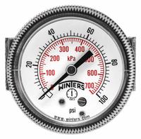 WINTERS Panel-Mount Pressure Gauge: U-Clamp, 0 psi to 100 psi, 2 in Dial, 1/4 in NPT Male, P9U 90, 5 (MPN P9U901407UC). Key specifications — Accuracy: ±2-1-2%; Brand: WINTERS; Vibration Resistance Properties: Dry Case Vibration-Dampened; Gauge Wetted Parts: Brass / Bronze.
