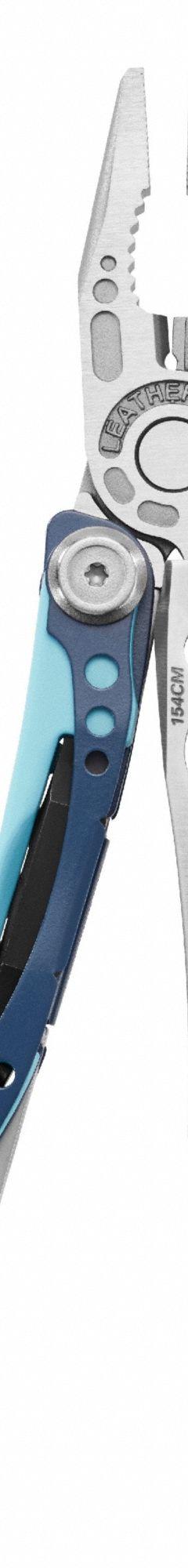 LEATHERMAN Pliers: Multi-Tool Plier, 7 Tools, 7 Functions, 4 in Closed Lg, 6 in Open Lg, BLUE (MPN 833126). Key specifications — attr15951: LEATHERMAN; attr15966: 25-year warranty; attr10312: BLUE; attr15960: Replaceable Pocket Clip; attr15963: Stainless Steel; attr15971: Multi-Tool Plier; attr15972: Included bits Phillips #1 & #2, Screwdriver 1/4" & 3/16"; attr15977: Fold Open.