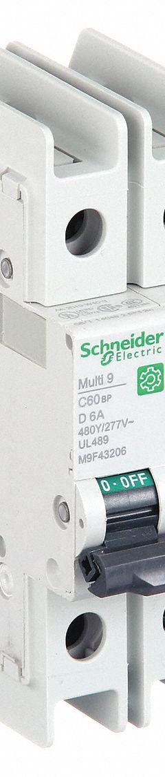 SCHNEIDER ELECTRIC IEC Miniature Circuit Breaker: 6 A Amps, 14kA at 120/240V AC, Screw Clamp, C60BP (MPN M9F43206). Key specifications — attr195863: Not Rated; attr211132: SCHNEIDER; attr195864: 14kA at 120/240V AC; attr195865: Screw Clamp; attr195867: 240/277/480V AC.