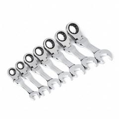 GEARWRENCH Combination Ratcheting Wrench Set: Alloy Steel, Full Polish Chrome, 7 Tools, Std, Rounded (MPN 9570). Key specifications — attr309581: Full Polish Chrome; attr309580: Alloy Steel; attr309571: No; attr309583: No; attr309587: Yes; attr324931: GEARWRENCH.