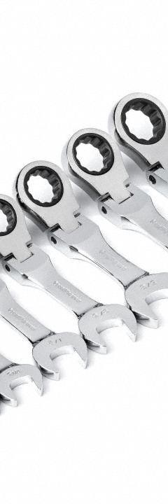GEARWRENCH Combination Ratcheting Wrench Set: Alloy Steel, Full Polish Chrome, 7 Tools, Std, Rounded (MPN 9570). Key specifications — attr309581: Full Polish Chrome; attr309580: Alloy Steel; attr309571: No; attr309583: No; attr309587: Yes; attr324931: GEARWRENCH.