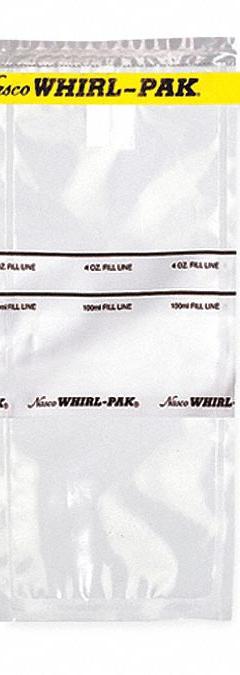 WHIRL-PAK Sampling Bag: Write-On, Sterile, 4 fl oz Capacity - oz, 118 mL Capacity - mL, Polyethylene (MPN B01062). Key specifications — Brand: WHIRL-PAK; Color: Clear; Product Type: Sampling Bag; Standards: FDA Approved Material; Style: Write-On.