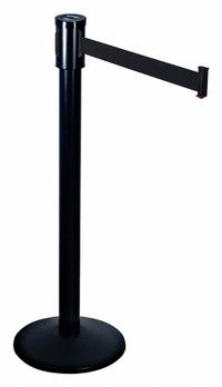 RETRACTA-BELT Barrier Post with Belt: Black, No Pattern, No Legend, 15 ft Belt Lg, Black (MPN 321BA-BK). Key specifications — Base Material: Cast Iron; Belt Color: Black; Brand: RETRACTA-BELT; Post Material: Aluminum; Post Color: Black; Message: No Legend.