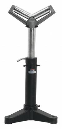 JET Material Support Stand: 5 in Roller Wd, 22 in Overall Wd, 23 1/2 in Min. Ht, 38 1/2 in Max. Ht (MPN 414122). Key specifications — Brand: JET; Stand Material: Steel; Color: Black; Overall Length: 22 in.