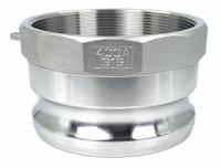 Cam and Groove Adapter: 4 in Coupling Size, 4 in-8 Thread Size, 100 psi Max. Working Pressure @ 70 F (MPN PLE90). Key specifications — Thread Size: 4 in-8; Fitting Type: FNPT; Includes Locking Arm: No; Body Material: 316 Stainless Steel; Brand: APPROVED VENDOR.