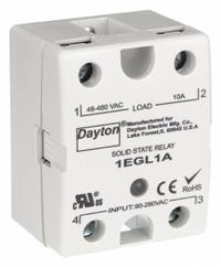 DAYTON Solid State Relay: Surface Mounted, 10 A Max Output Current, SCR, AC Output (MPN 1EGL1). Key specifications — Brand: DAYTON; Current Type: AC; Electrical Connection: Screw; Finger Safe: Yes; Maximum Output Current without Heat Sink: 3 A; Mounting Style: Surface; Output Voltage: 48 to 480V AC; Switch Configuration: Form A.