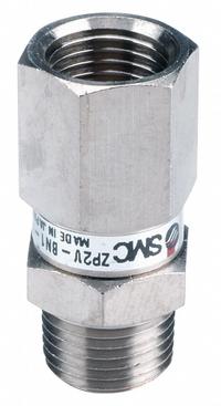 SMC Vacuum Saving Valve: 8 lpm Min Flow Rate, 100 kPa, 8 mm Hex Size, 18.1 mm Overall Lg, Brass (MPN ZP2V-B5-07). Key specifications — attr158990: Female; attr158994: Male; attr158978: Brass; attr158975: SMC.