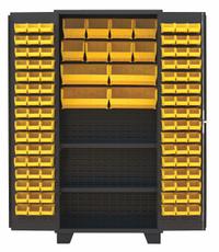 JAMCO Bin Cabinet: 36 in x 24 in 78 in, 2 Shelves, 108 Bins, Yellow, Flush, 14 ga Panel, Black (MPN DX236BL). Key specifications — Bin Color: Yellow; Bin HxWxD: (4) 7 in x 16-1/2 in x 14-3/4 in; Assembled: Assembled; Cabinet Style: Shelf and Bin; Brand: JAMCO; Cabinet Color: Black; Cabinet Finish: Powder Coated; Cabinet Material: Steel.