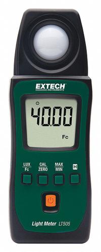 EXTECH Light Meter: Light Sensor Cover/Pouch, ±3% + 3 Digits Light Level Accuracy, LCD (MPN LT505). Key specifications — Brand: EXTECH; Light Level Accuracy: ±3% + 3 Digits; Digital Display Screen Type: LCD; Includes: Pouch; Lights Tested: Mercury; Certificate of Calibration: Not Included.