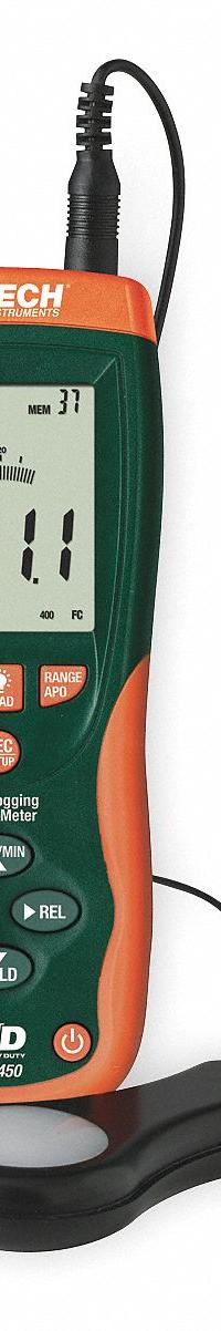 EXTECH Light Meter: Carrying Case/Light Sensor with 3ft Cable/Protective Cover/USB Cable, USB, NIST (MPN HD450-NIST). Key specifications — Brand: EXTECH; Light Level Accuracy: ±5%; Digital Display Screen Type: LCD with Backlight; Includes: Light Sensor with 3ft Cable; Certificate of Calibration: Included.