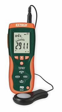 EXTECH Light Meter: Carrying Case/Light Sensor with 3ft Cable/Protective Cover/USB Cable, USB, NIST (MPN HD450-NIST). Key specifications — Brand: EXTECH; Light Level Accuracy: ±5%; Digital Display Screen Type: LCD with Backlight; Includes: Light Sensor with 3ft Cable; Certificate of Calibration: Included.