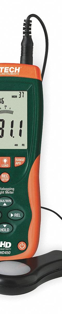 EXTECH Light Meter: Carrying Case/Light Sensor with 3ft Cable/Protective Cover/USB Cable, USB, NIST (MPN HD450-NIST). Key specifications — Brand: EXTECH; Light Level Accuracy: ±5%; Digital Display Screen Type: LCD with Backlight; Includes: Light Sensor with 3ft Cable; Certificate of Calibration: Included.