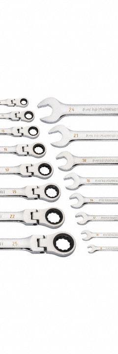 GEARWRENCH Combination Ratcheting Wrench Set: Alloy Steel, Full Polish Chrome, 16 Tools, Std, SAE (MPN 86728). Key specifications — attr309581: Full Polish Chrome; attr309580: Alloy Steel; attr309571: No; attr309583: No; attr309587: Yes; attr324931: GEARWRENCH; attr309569: 8 mm to 25 mm.
