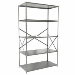 HALLOWELL Metal Shelving: Standalone, Heavy-Duty, 48 in x 24 in, 84 in Overall Ht, 5 Shelves (MPN F7710-24HG). Key specifications — attr41760: Steel; attr41761: Steel; attr37625: Unassembled; attr37628: Gray; attr33609: HALLOWELL.