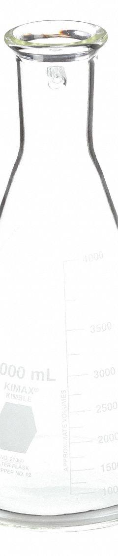 KIMBLE Filtering Flask: 4 L, Colorless, Conical, A, 12 Compatible with Stopper Size (MPN 27060-4000). Key specifications — Shape: Conical; Body Color: Colorless; Brand: KIMBLE; Compatible with Stopper Size: 12; USP Specification: Type I.