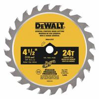 DEWALT Circular Saw Blade: 4 1/2 in Blade Dia., 24 Teeth, 4.5 in Cut Wd, 3/8 in Arbor Size, Ripping (MPN DWA412TCT). Key specifications — attr1116119: DEWALT; attr1145631: Wood.
