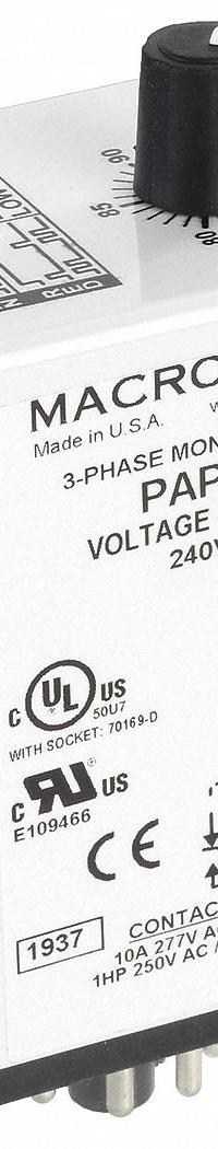 MACROMATIC Phase Monitor Relay: Socket Mounted, 10 A Current Rating, 240V AC, 8 Pins/Terminals (MPN PAP240). Key specifications — Monitored Parameters: Phase Reversal; Manufacturer Part Number: PAP240; Brand: MACROMATIC.