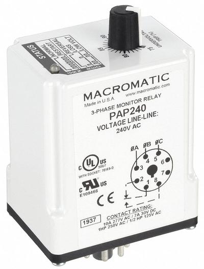 MACROMATIC Phase Monitor Relay: Socket Mounted, 10 A Current Rating, 240V AC - Socket-Mounted Relays