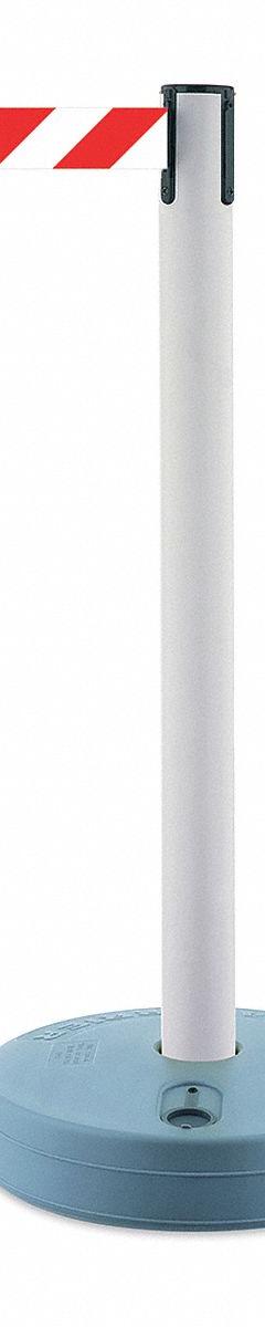 TENSABARRIER Barrier Post with Belt: Red, Chevron, No Legend, 7 1/2 ft Belt Lg, White (MPN 885-32-STD-NO-D3X-C). Key specifications — Base Material: Plastic; Belt Color: Red; Brand: TENSABARRIER; Post Material: Plastic; Post Color: White; Message: No Legend.