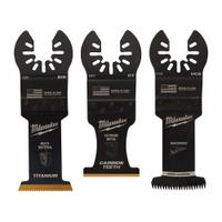 MILWAUKEE Oscillating Tool Blade Set: 3 Blades, Straight, Universal Open-Back Connection (MPN 49-10-9001). Key specifications — attr1140173: (1)1-3/8" HCS JAPANESE TOOTH BLADE; attr1097629: MILWAUKEE; attr1097591: Fein (w/ Universal Mounts).
