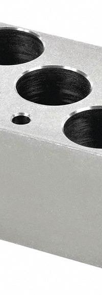 OHAUS Modular Block: Anodized Aluminum, 3 in Overall Wd, 3 3/4 in Overall Lg, 5 Wells, 50 mL (MPN 30400168). Key specifications — Product Type: Dry Bath Block; Includes Thermometer Well: Yes; Material: Anodized Aluminum; Volume Capacity: 50 mL; Brand: OHAUS.