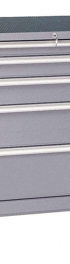 LISTA Modular Drawer Cabinet: 40 1/4 in x 22 1/2 in x 41 5/8 in, 5 Drawers, 54 Compartments, Tubular (MPN HS07-0505A-MBKALG). Key specifications — Cabinet Color: Gray; Base Type: Casters; Drawer Inside Height: (2) 3.15 in; Drawer HxWxD: (1) 9 in x 36 in x 18 in; Work Surface Material: Rubber Mat; Drawer Handle Type: Tubular; Cabinet Material: Steel; Cabinet Style: Drawer.