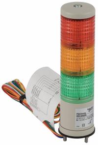 SCHNEIDER Tower Light Assembly: 3 Tier, Green/Orange/Red, No Sounder Tier, 170 1/2 mm Overall Ht (MPN XVC4B3K). Key specifications — Manufacturer Part Number: XVC4B3K; Brand: SCHNEIDER; Operating Voltage: 24V; Light Tier Color: Red.