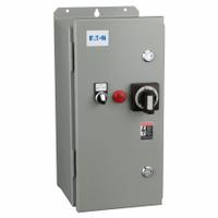 Combination Motor Starter: 3 Poles, Circuit Breaker, 32 A, 480V AC Coil, Thermal Protection, 480V AC (MPN ECX77H8CJD-N). Key specifications — Brand: EATON; Auxiliary Contact Form: 1NO; Coil Voltage: 480V AC; Control Transformer: Yes; Wire Termination Type: Screws; Poles/Phase: 3 Pole / Three Phase; Operator Type: Hand/Off/Auto (Selector Switch); Thermal Unit Type: Adjustable Thermal Units (Included).