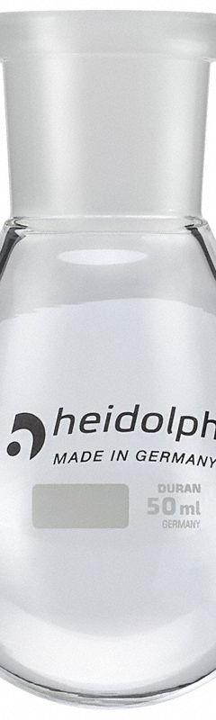 HEIDOLPH Rotary Evaporator Glassware: 50 mL, Colorless, Round, 24/40 Compatible with Stopper Size (MPN 036302270). Key specifications — Shape: Round; Body Color: Colorless; Brand: HEIDOLPH; Compatible with Stopper Size: 24/40.