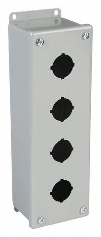 HOFFMAN Push Button Enclosure: 30mm, 4 Holes, Carbon Steel, NEMA 12 (MPN E4PB). Key specifications — attr211299: HOFFMAN; attr1043605: Indoor Dust & Water Droplets.