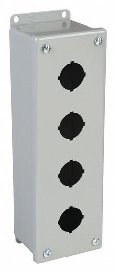 HOFFMAN Push Button Enclosure: 30mm, 4 Holes, Carbon Steel, NEMA 12 (MPN E4PB). Key specifications — attr211299: HOFFMAN; attr1043605: Indoor Dust & Water Droplets.