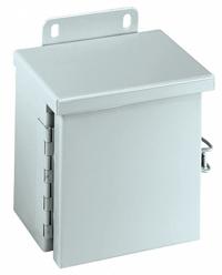 WIEGMANN Enclosure: Steel, 12 in x 12 in x 6 in, 3R, Solid Cover, Hinged, Included, Painted (MPN RHC121206). Key specifications — Brand: WIEGMANN; Closure Method: Padlock Hasp; Knockouts: Included.