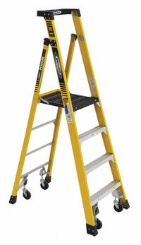 WERNER Podium Stepladder: 6 ft Ladder Size, Fiberglass, 375 lb Load Capacity, 35 lb Wt (MPN PD7304-4C). Key specifications — Brand: WERNER; Included Features: Casters.