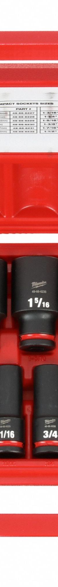 MILWAUKEE Impact Socket Set: 1/2 in Drive Size, Small Set (0-50 pieces) Set Size, 19 Pieces, 0, SAE (MPN 49-66-7012). Key specifications — attr1204251: MILWAUKEE; attr1215453: 1/2 in; attr1215454: 3/8 in to 1-1/2 in; attr1224229: Friction.