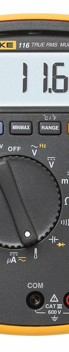 FLUKE Digital Multimeter: TRMS, CAT III 600V, 600 V Max AC Volt Measurement, 6,000 Instrument Counts (MPN FLUKE-116/CWG). Key specifications — Instrument Counts: 6,000; Brand: FLUKE; Calibration Certificate Included: Included.